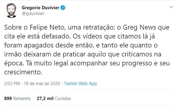 Após 2 anos, Gregório Duvivier se retrata de críticas à Felipe Neto