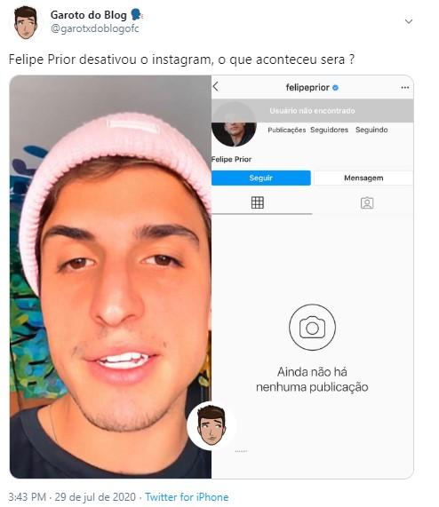 Ex-BBB Felipe Prior tem conta do Instagram desativada e assusta fãs