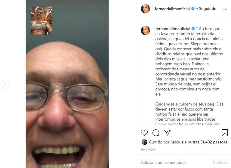Fernanda Lima emociona web ao prestar homenagem ao seu paiFernanda Lima emociona web ao prestar homenagem ao seu pai