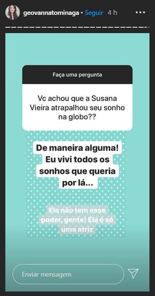 Geovanna Tominaga relembra entrevista polêmica com Susana Vieira na Globo