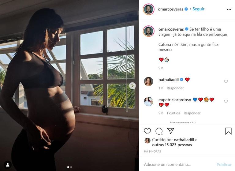 Marcos Veras posta fotos de Rosanne Mulholland grávida e fala sobre fase cafona