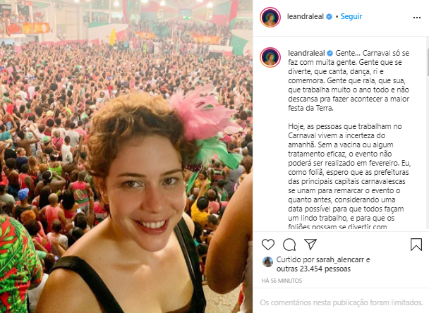 Leandra Leal pede adiamento do Carnaval de 2021