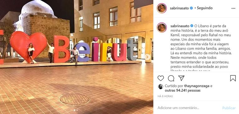 Sabrina Sato lamenta explosão em Beirute