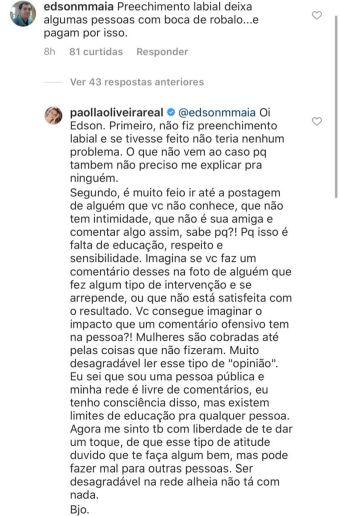 Paolla Oliveira dá bronca em seguidor