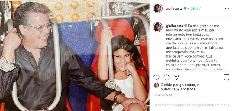 Giulia Costa faz desabafo em aniversário de morte de seu pai, Marcos Paulo