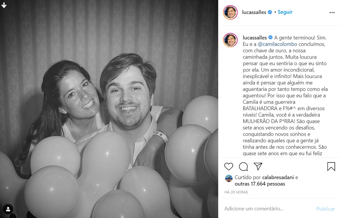 Chega ao fim casamento entre humorista Lucas Salles e Camila Colombo 
