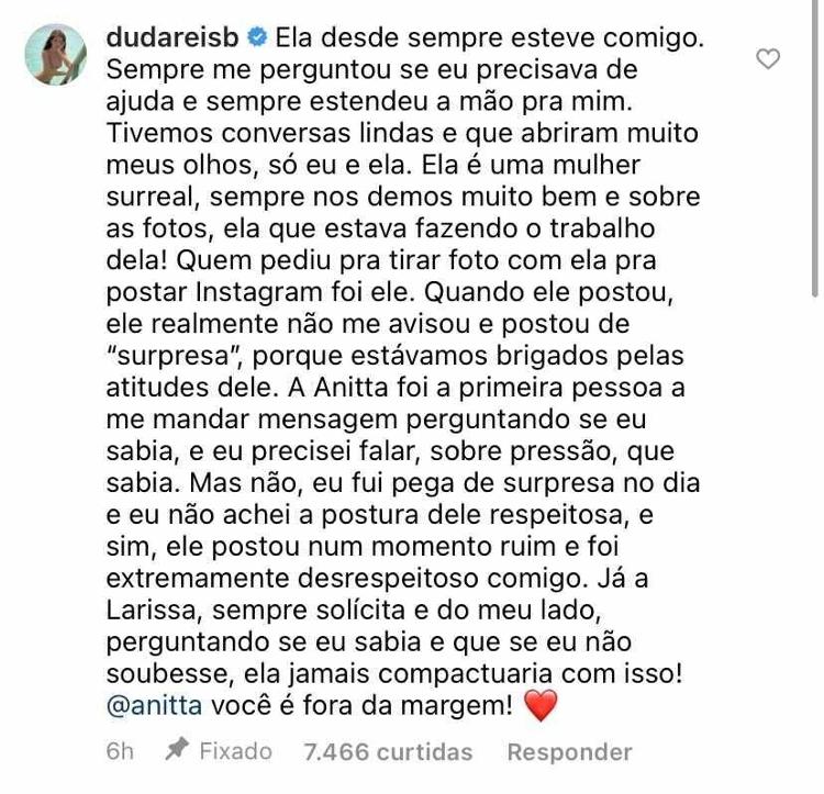 Duda Reis defende Anitta após polêmica de fotos sensuais com Nego do Borel
