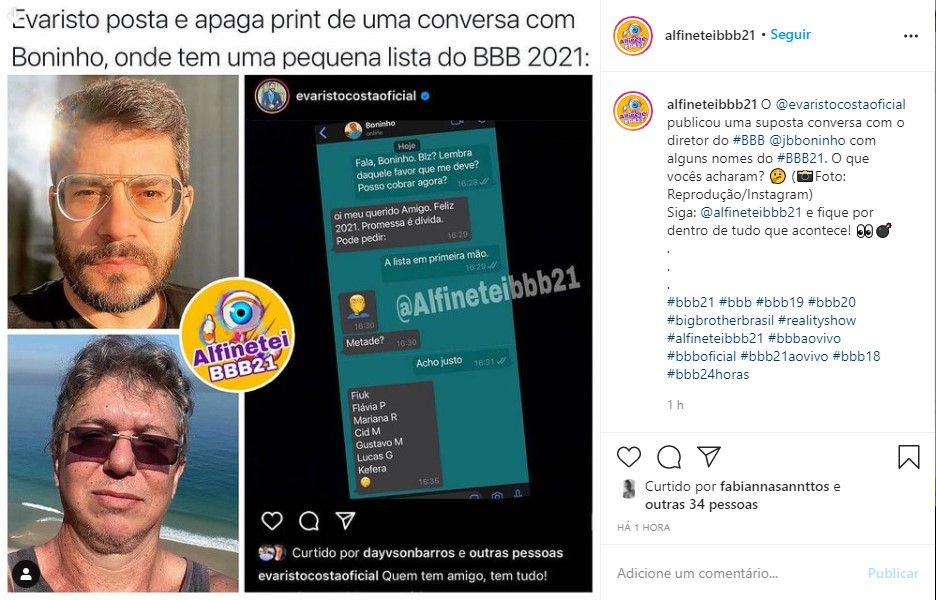 Evaristo Costa revela supostos nomes do BBB21 em conversa com Boninho