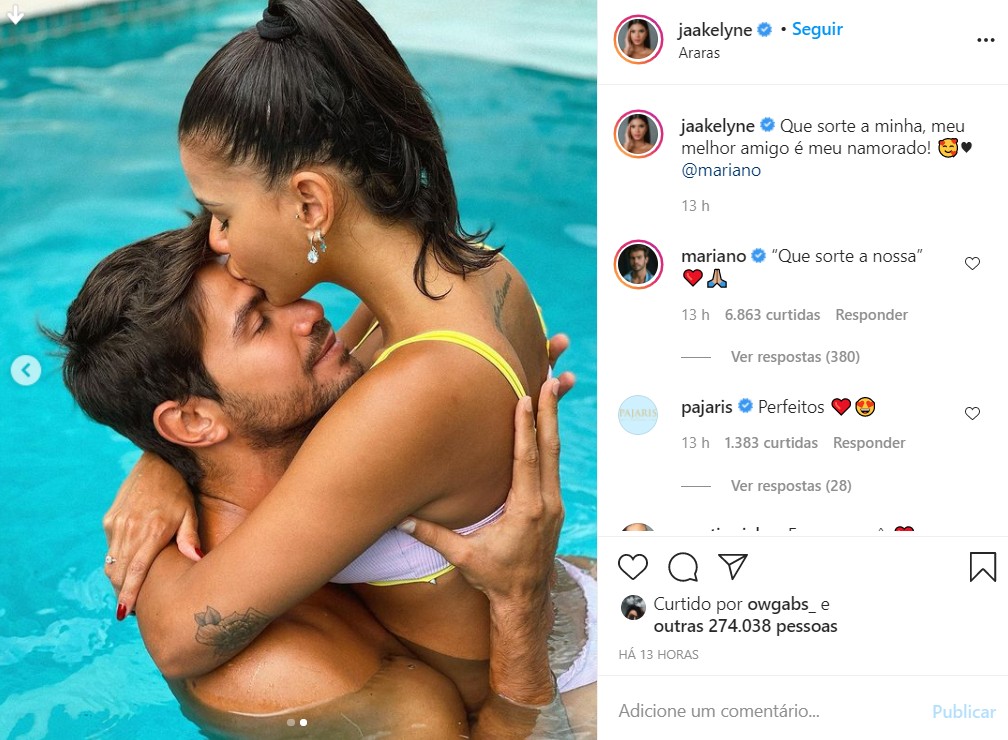 Jakelyne Oliveira protagoniza momento romântico com Mariano