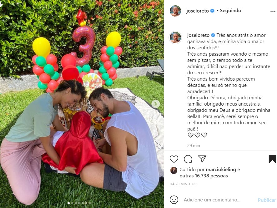 José Loreto e Débora Nascimento aparecem juntos na festa de aniversário da filha, Bella