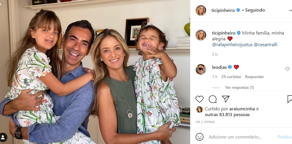 Ticiane Pinheiro mostra nova foto com Cesar Tralli e as filhas, Rafaella e Manuella