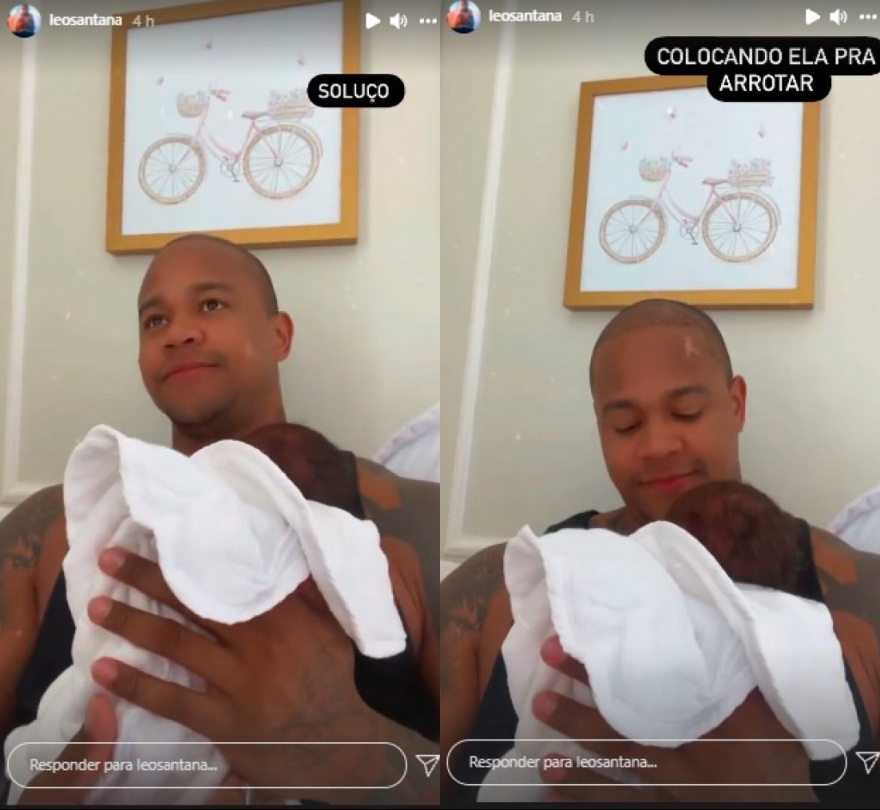 Léo Santana dá primeiro banho na filha recém-nascida e comemora