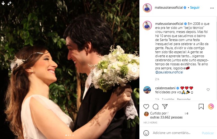Mateus Solano comemora dez anos de casamento com Paula Braun