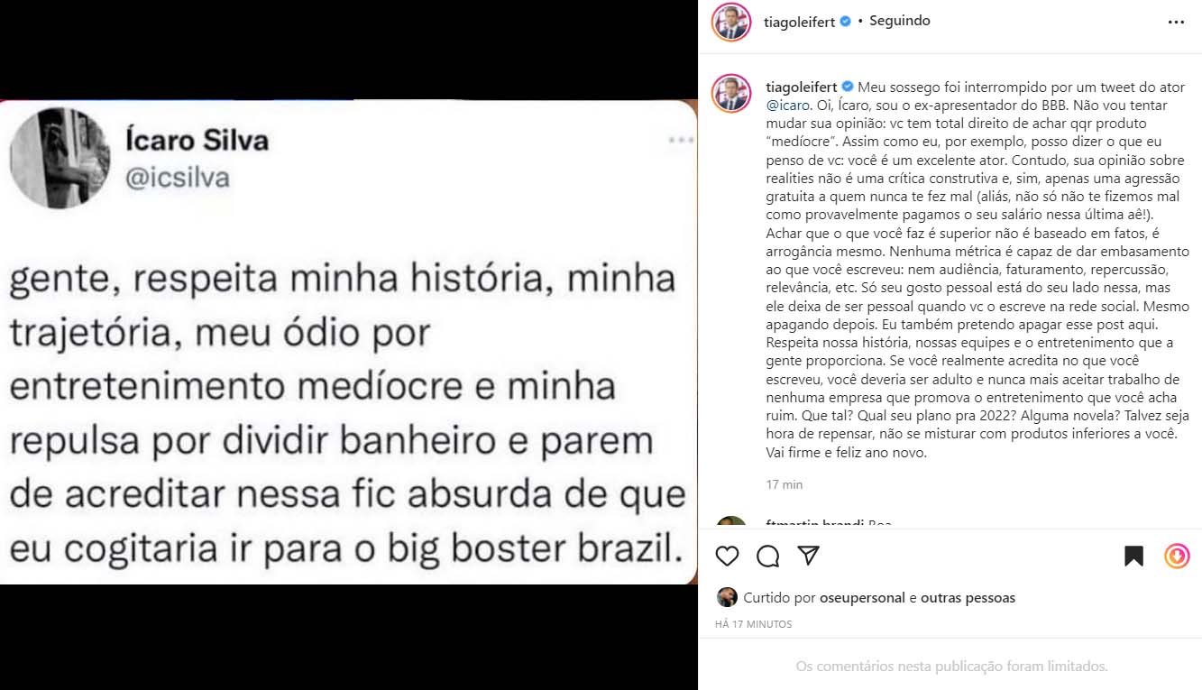 Tiago Leifert rebate declaração de Ícaro Silva