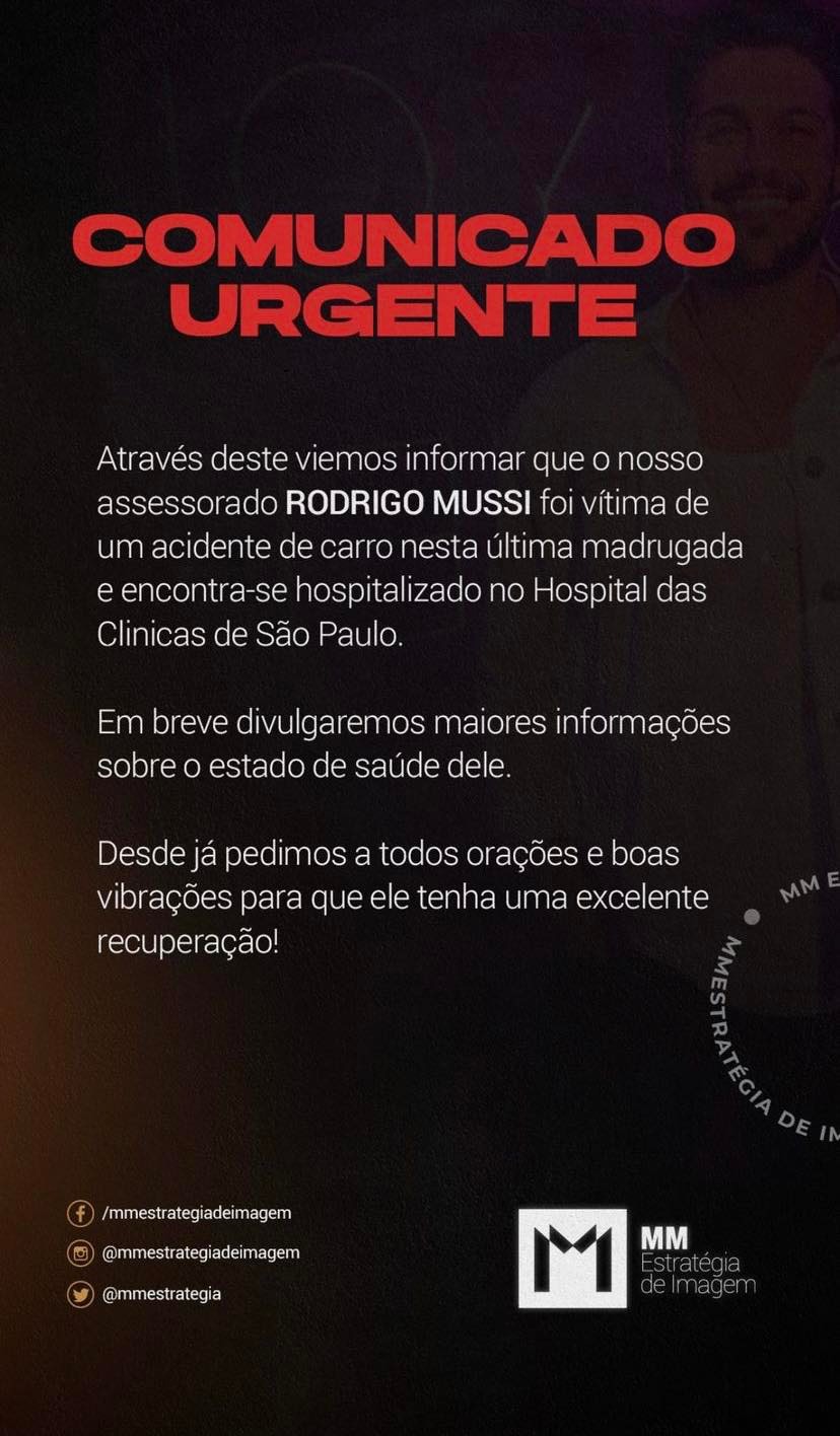 Ex-BBB Rodrigo Mussi sofre acidente de carro em São Paulo