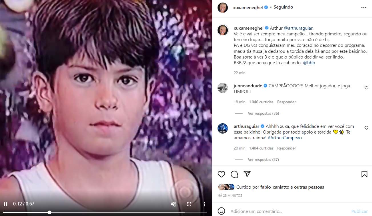 Xuxa Meneghel mostra vídeo antigo com Arthur Aguiar