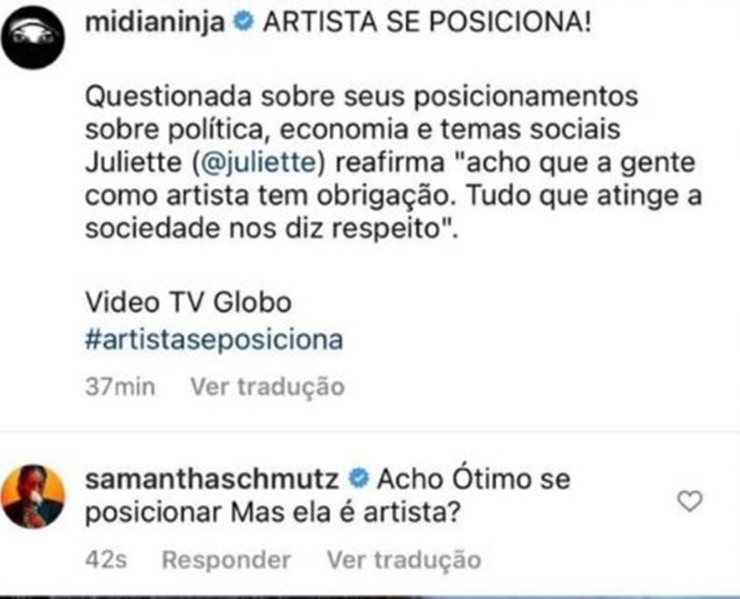 Captura do comentário de Samantha sobre Juliette - Reprodução: Instagram