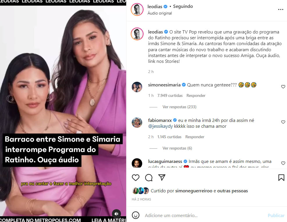 Simone e Simaria fazem comentário em post de Leo Dias - Crédito: Reprodução / Instagram