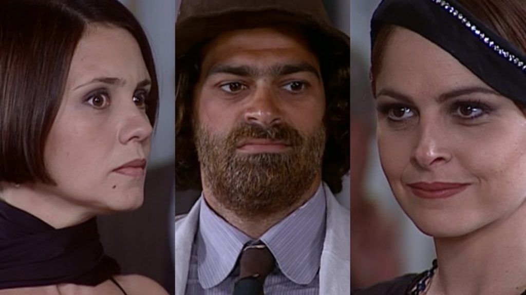 Catarina (Adriana Esteves), Marcela (Drica Moraes) e Petruchio (Eduardo Moscovis) - Créditos: Reprodução/ Globo