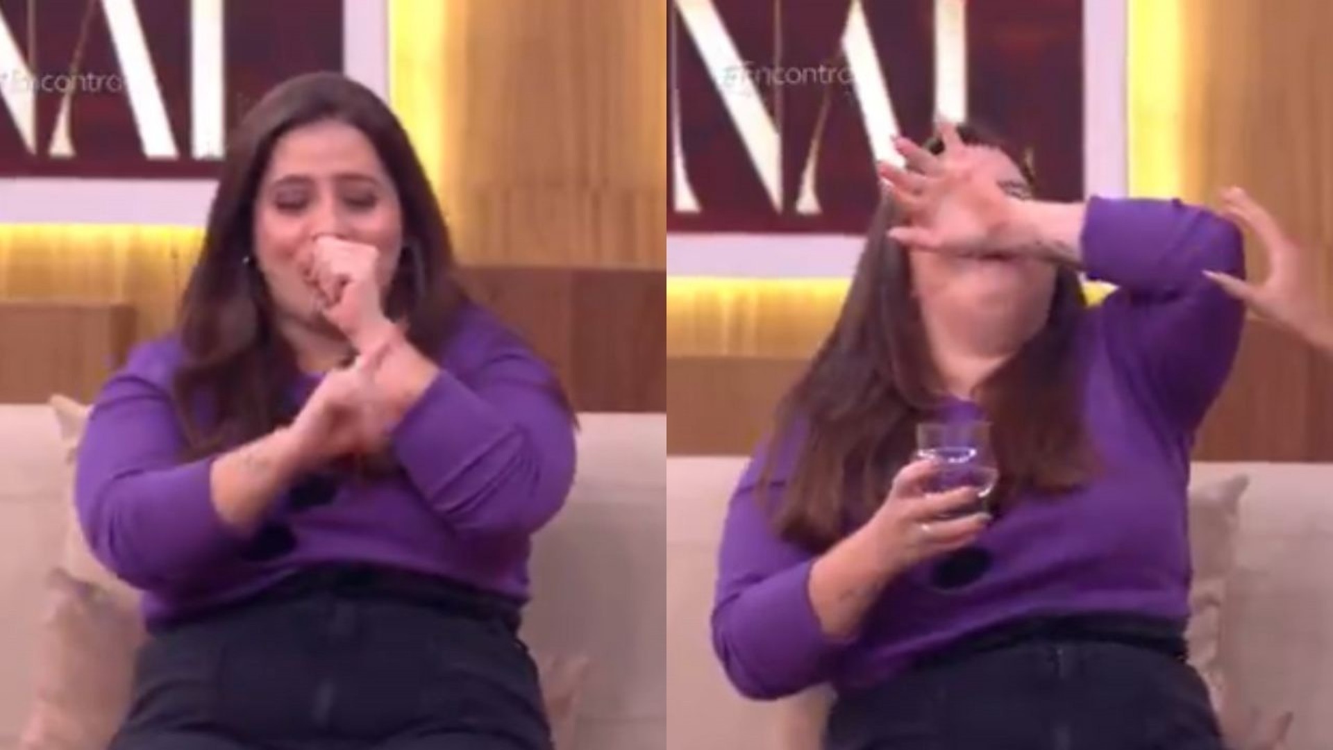 Tati Machado se engasga ao vivo no programa 'Encontro' (Reprodução/TV Globo)
