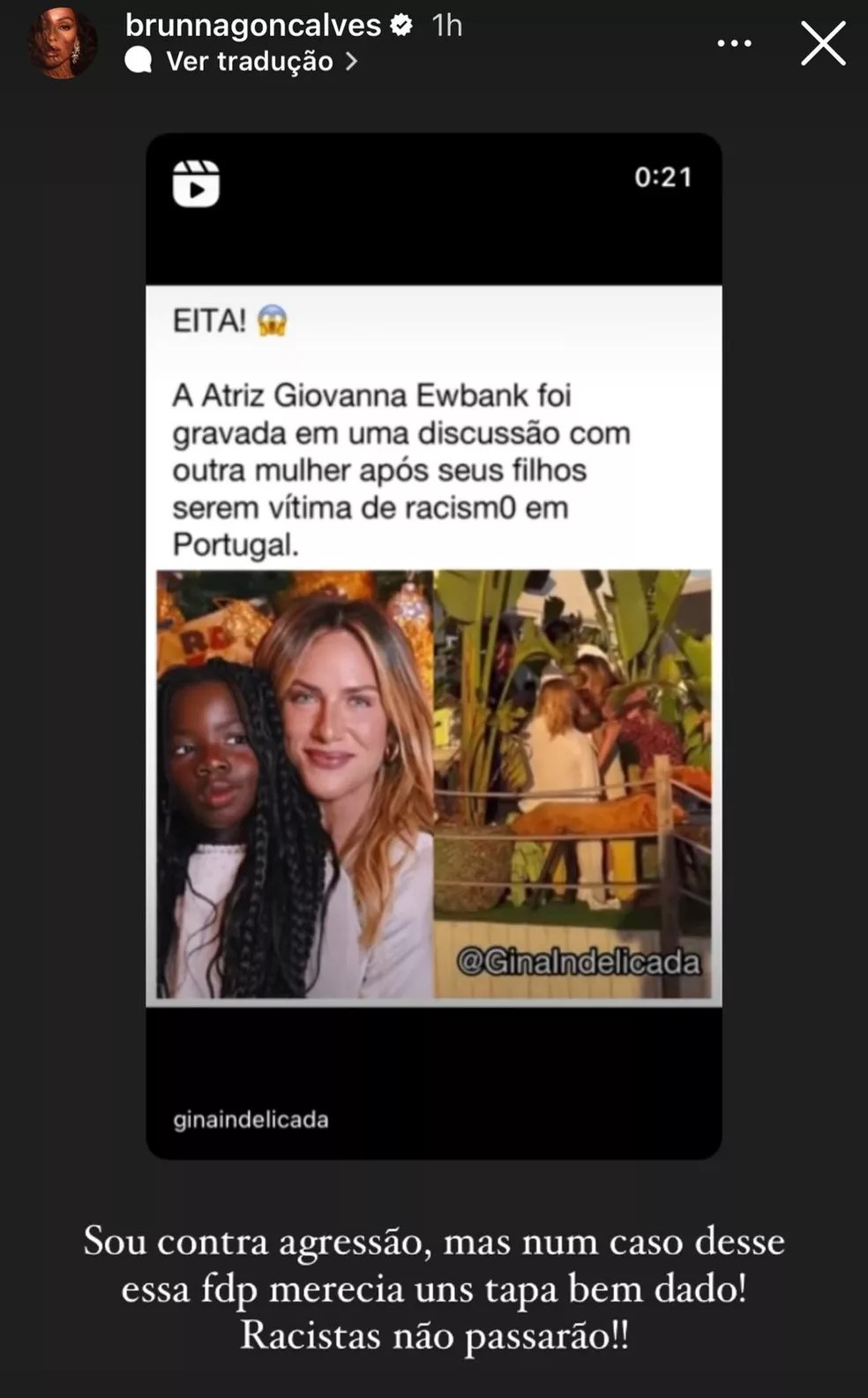 Ex-BBB Brunna Gonçalves declara apoio a Giovanna Ewbank (Reprodução/Instagram)