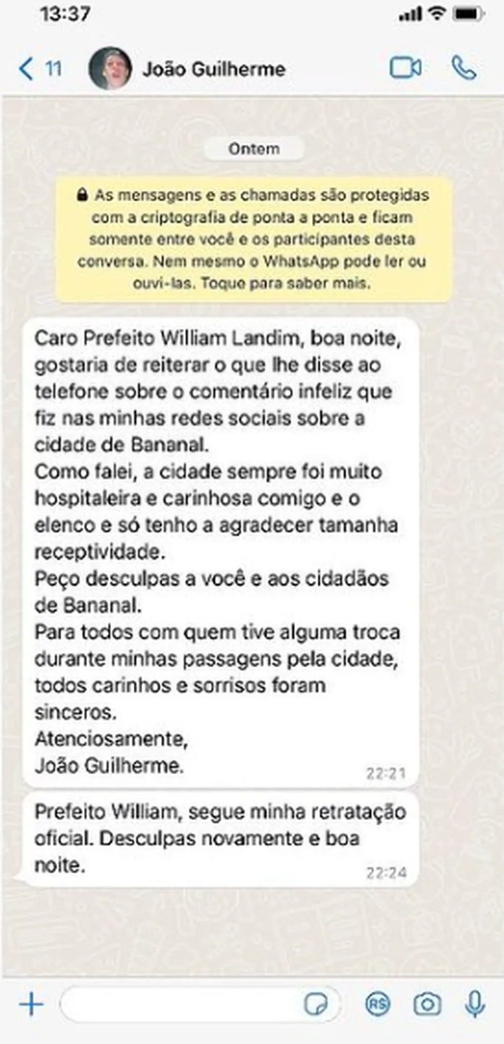João Guilherme pede desculpas a prefeito de Bananal (Reprodução/Instagram)