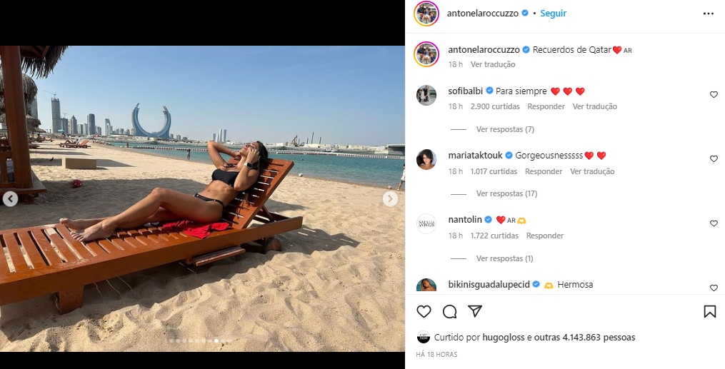 Antonella Roccuzzo, esposa de Lionel Messi, curte praia no Catar