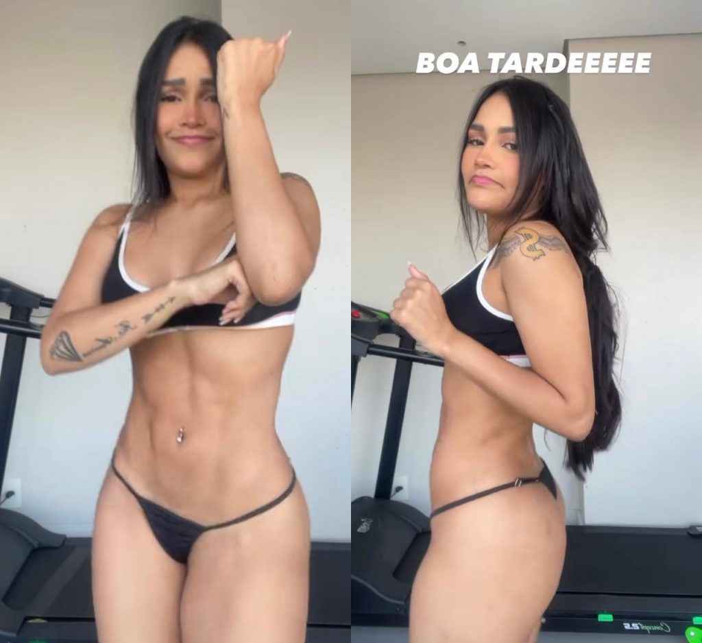 De top e calcinha fio-dental, Flay surpreende ao exibir o corpo saradíssimo
