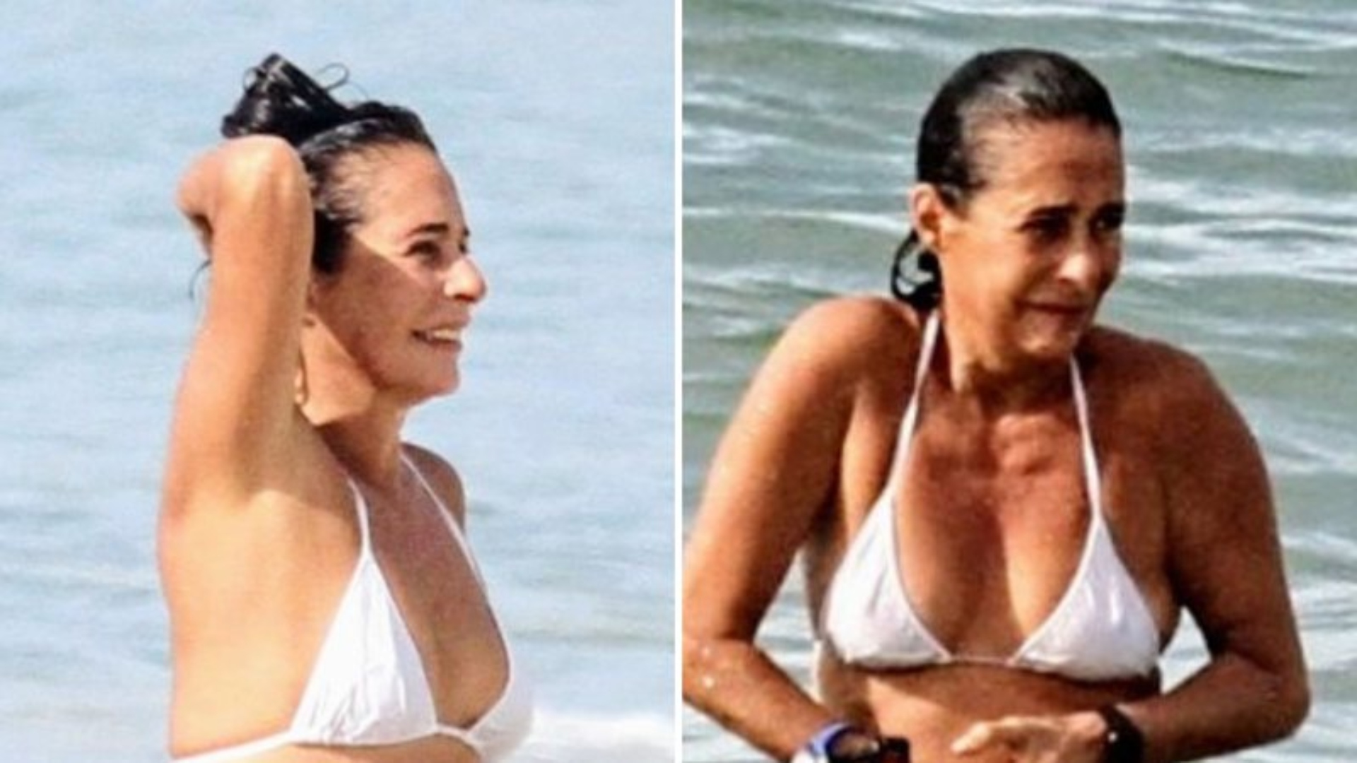 Em flagras na praia, Andréa Beltrão exibe corpo definido usando biquíni branco. Foto: Agnews