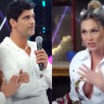 Juliana Paiva, Bruno Cabrerizo e Livia Andrade no 'Domingão'. Reprodução/TV Globo