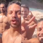 Galãs de ‘Terra e paixão’, Cauã Reymond, Paulo Lessa e Amaury Lorenzo tomam banho de cachoeira em dia de sol
