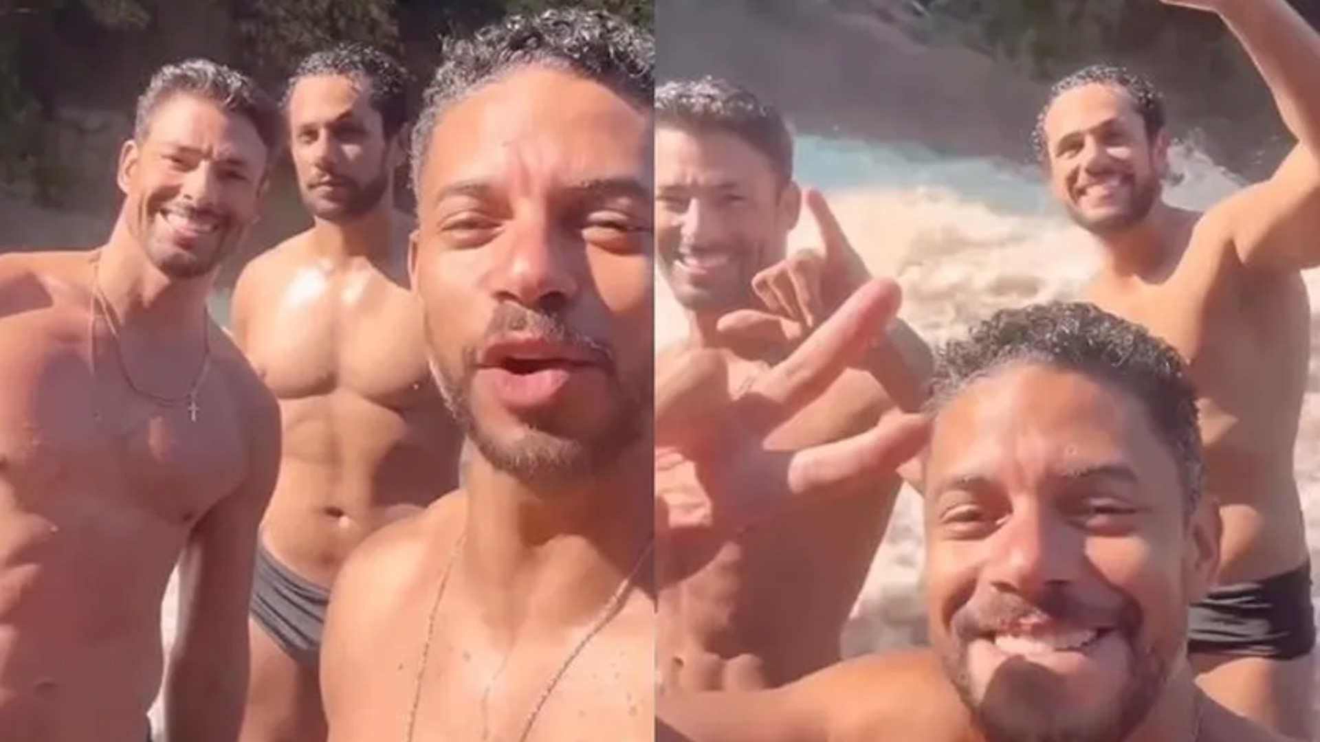 Galãs de ‘Terra e paixão’, Cauã Reymond, Paulo Lessa e Amaury Lorenzo tomam banho de cachoeira em dia de sol