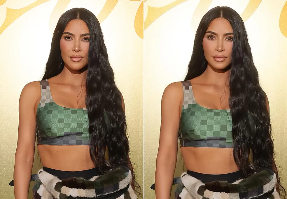 Foto original x foto editada: Kim Kardashian usa Photoshop para ficar mais magra em foto — Foto: Getty Images e Instagram