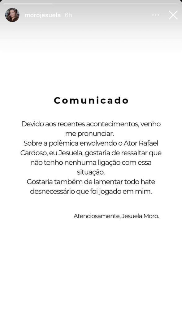 Jesuela Moro se pronuncia sobre polêmica envolvendo Rafael Cardoso