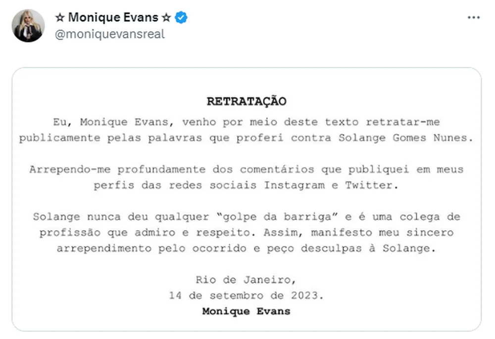 Carta aberta Monique Evans (Reprodução/Twitter)