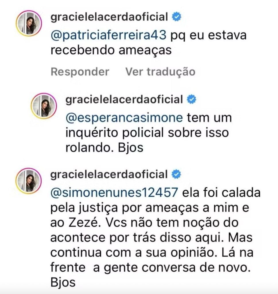 Declarações de Graciele Camargo - Reprodução/Instagram