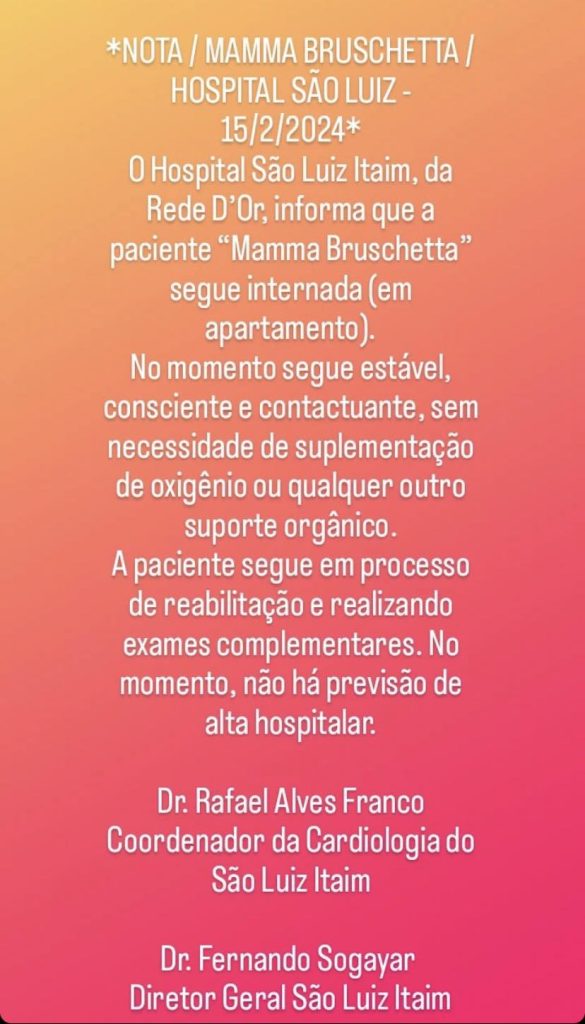 Saiba o real estado de saúde da apresentadora Mamma Bruschetta