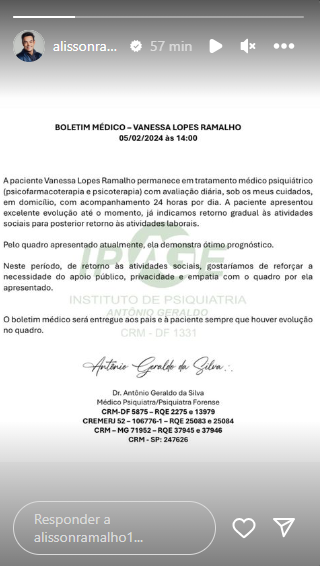 Novo boletim médico de Vanessa Lopes